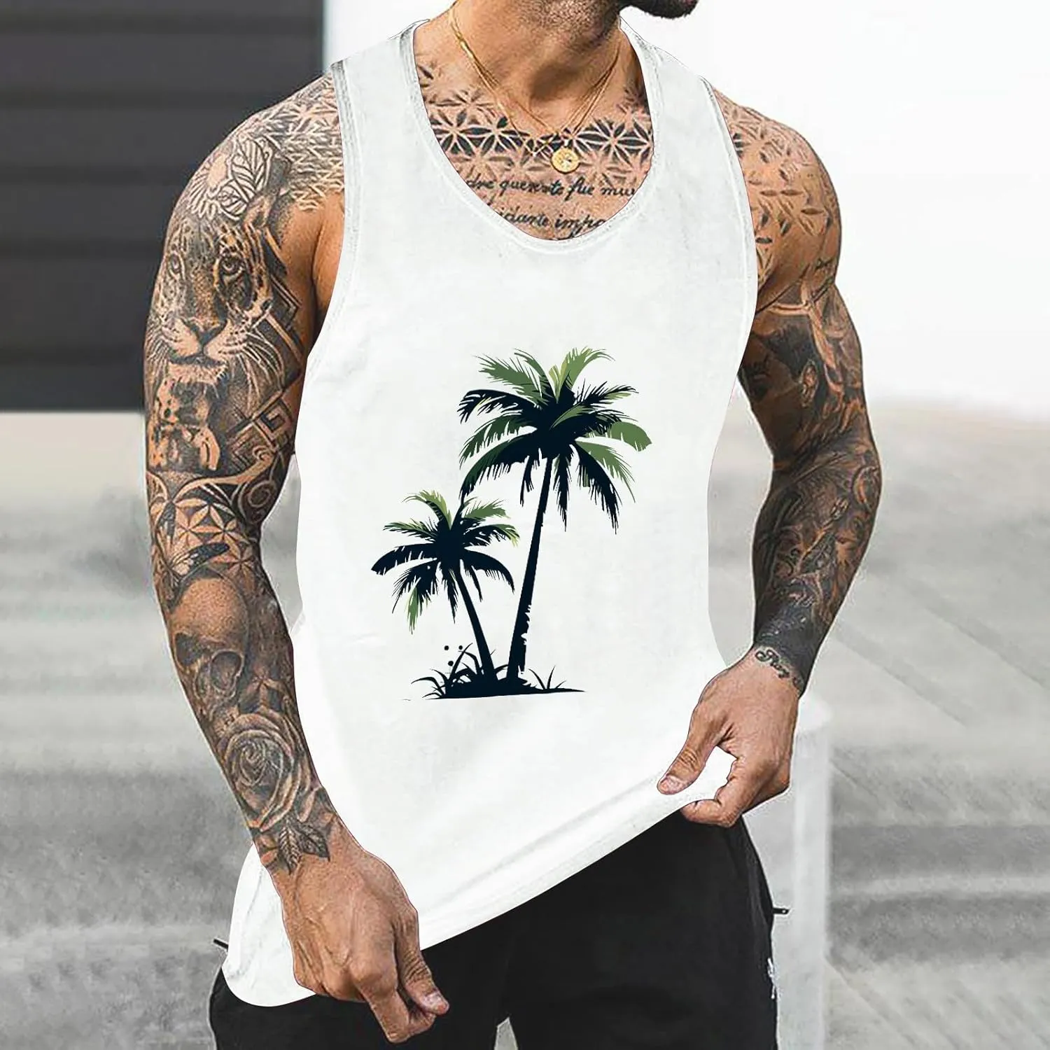 Uillui Mens Graphic Tank Tops Loose Fit Sleeveless Workout Gym Muscle Shirts Graphic T-Shirts Beach Hawaiian Palm Tree Shirt