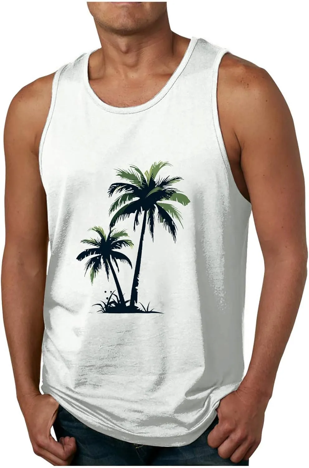 Uillui Mens Graphic Tank Tops Loose Fit Sleeveless Workout Gym Muscle Shirts Graphic T-Shirts Beach Hawaiian Palm Tree Shirt