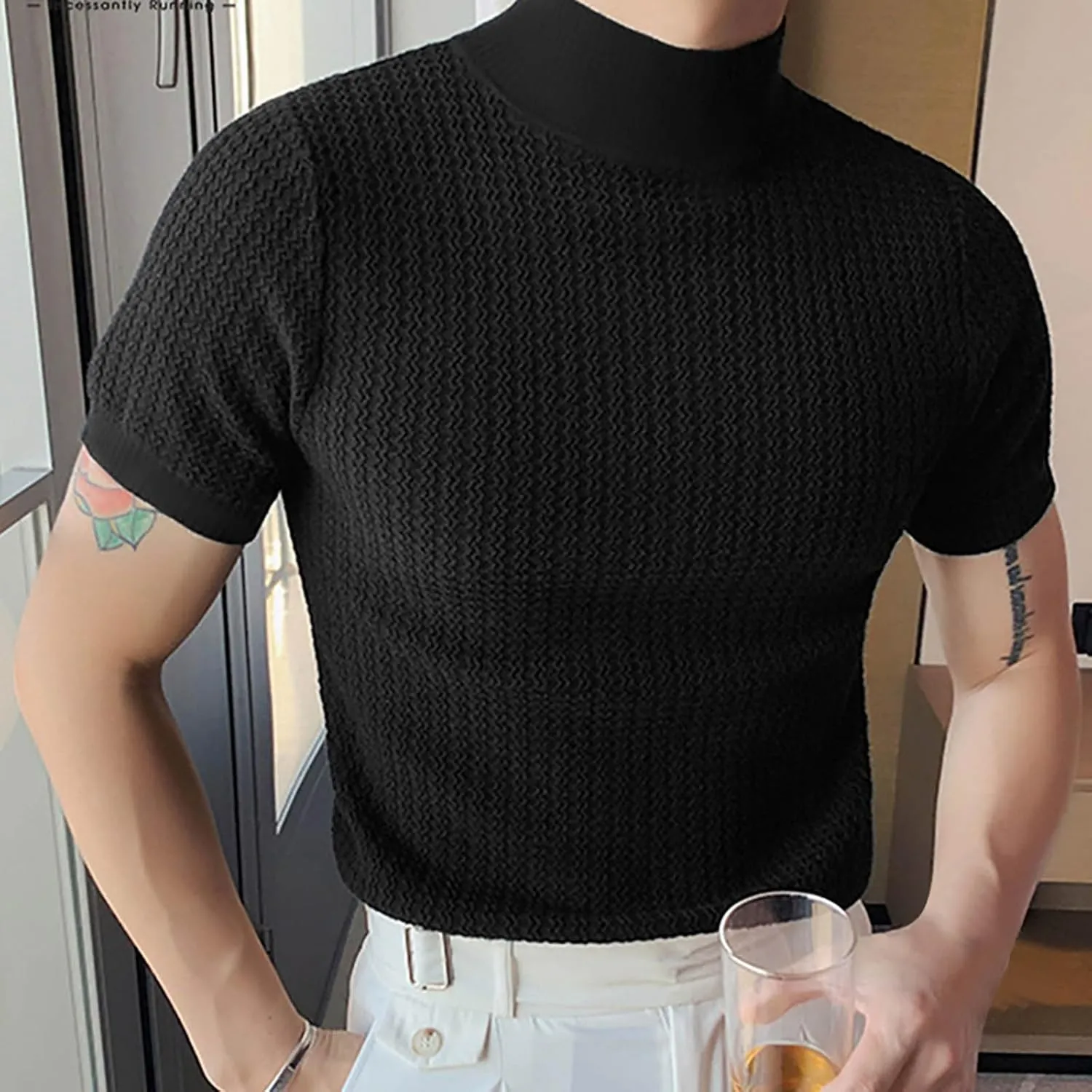 Uillui Short Sleeve Shirts Mens Mock Turtleneck Sweater Slim Fit Undershirt Casual Basic Tops Ribbed Knit Pullover Solid Tee