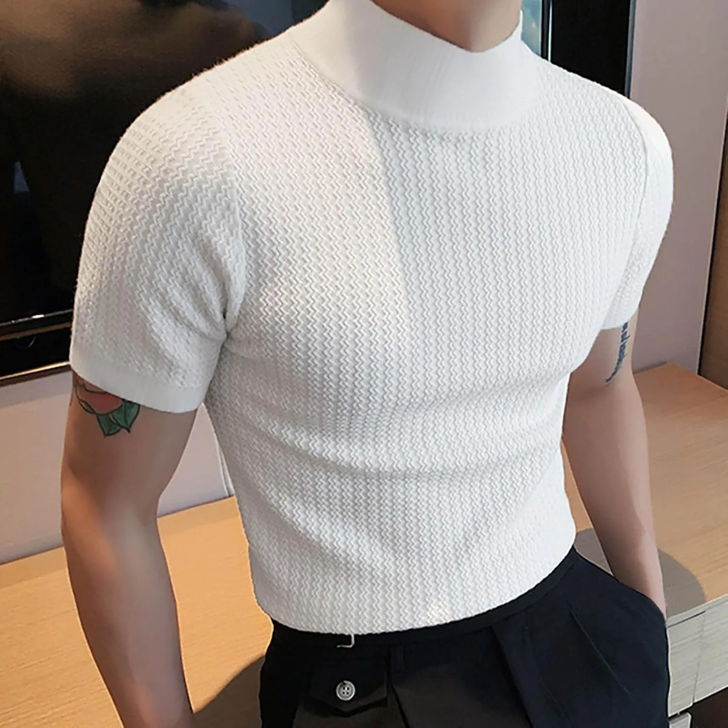 Uillui Short Sleeve Shirts Mens Mock Turtleneck Sweater Slim Fit Undershirt Casual Basic Tops Ribbed Knit Pullover Solid Tee