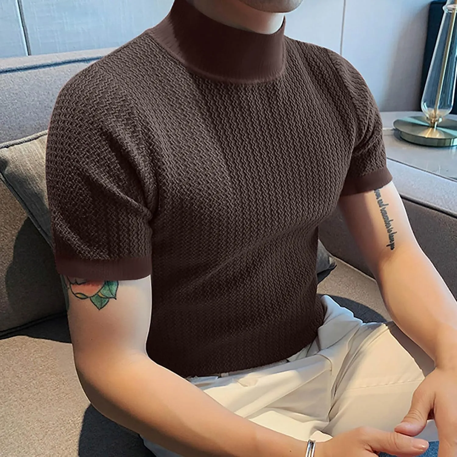 Uillui Short Sleeve Shirts Mens Mock Turtleneck Sweater Slim Fit Undershirt Casual Basic Tops Ribbed Knit Pullover Solid Tee