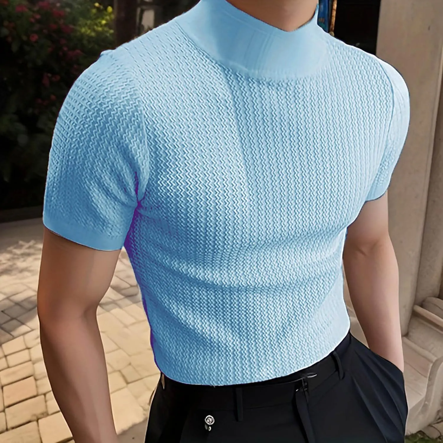 Uillui Short Sleeve Shirts Mens Mock Turtleneck Sweater Slim Fit Undershirt Casual Basic Tops Ribbed Knit Pullover Solid Tee