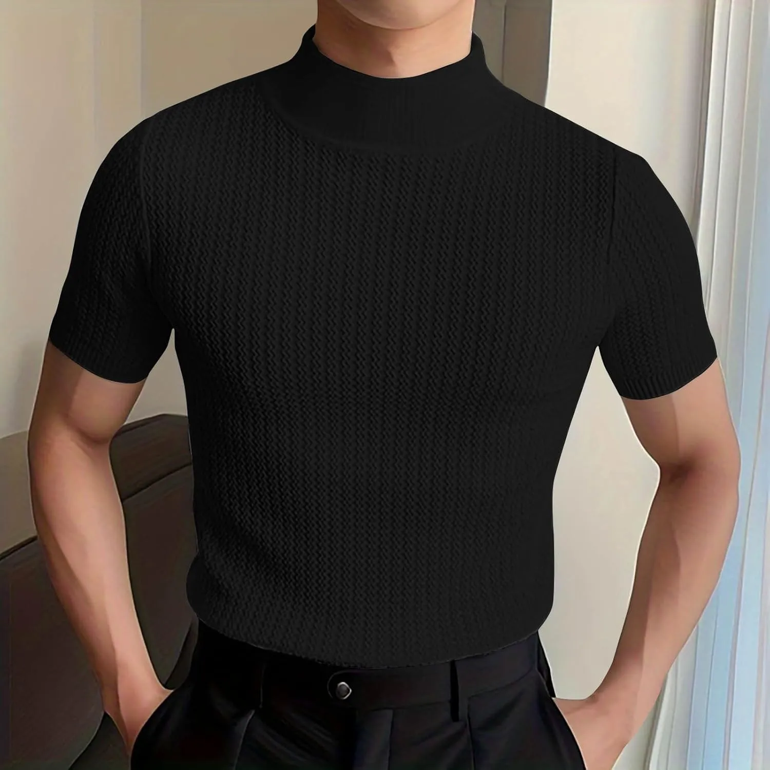 Uillui Short Sleeve Shirts Mens Mock Turtleneck Sweater Slim Fit Undershirt Casual Basic Tops Ribbed Knit Pullover Solid Tee
