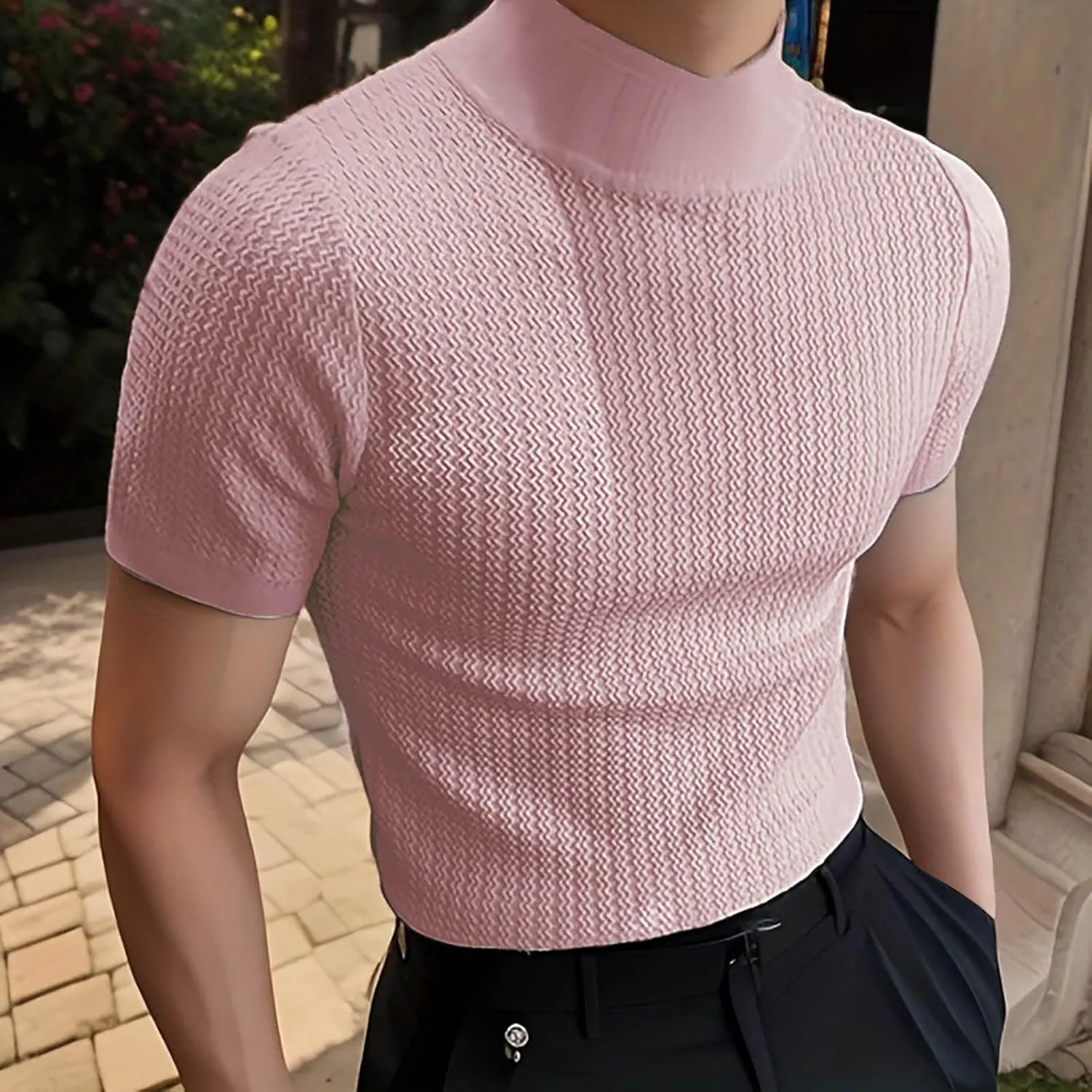 Uillui Short Sleeve Shirts Mens Mock Turtleneck Sweater Slim Fit Undershirt Casual Basic Tops Ribbed Knit Pullover Solid Tee