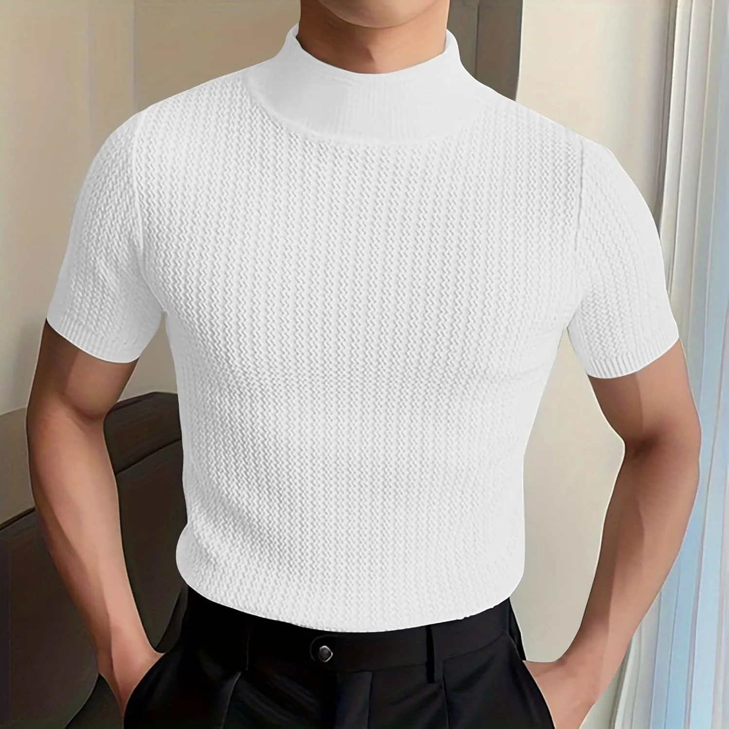 Uillui Short Sleeve Shirts Mens Mock Turtleneck Sweater Slim Fit Undershirt Casual Basic Tops Ribbed Knit Pullover Solid Tee