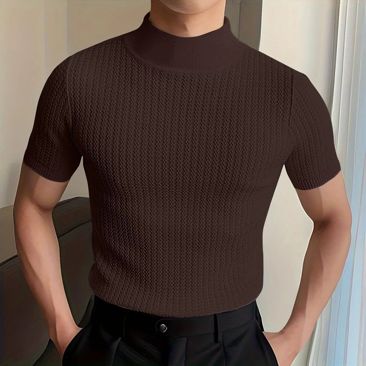 Uillui Short Sleeve Shirts Mens Mock Turtleneck Sweater Slim Fit Undershirt Casual Basic Tops Ribbed Knit Pullover Solid Tee