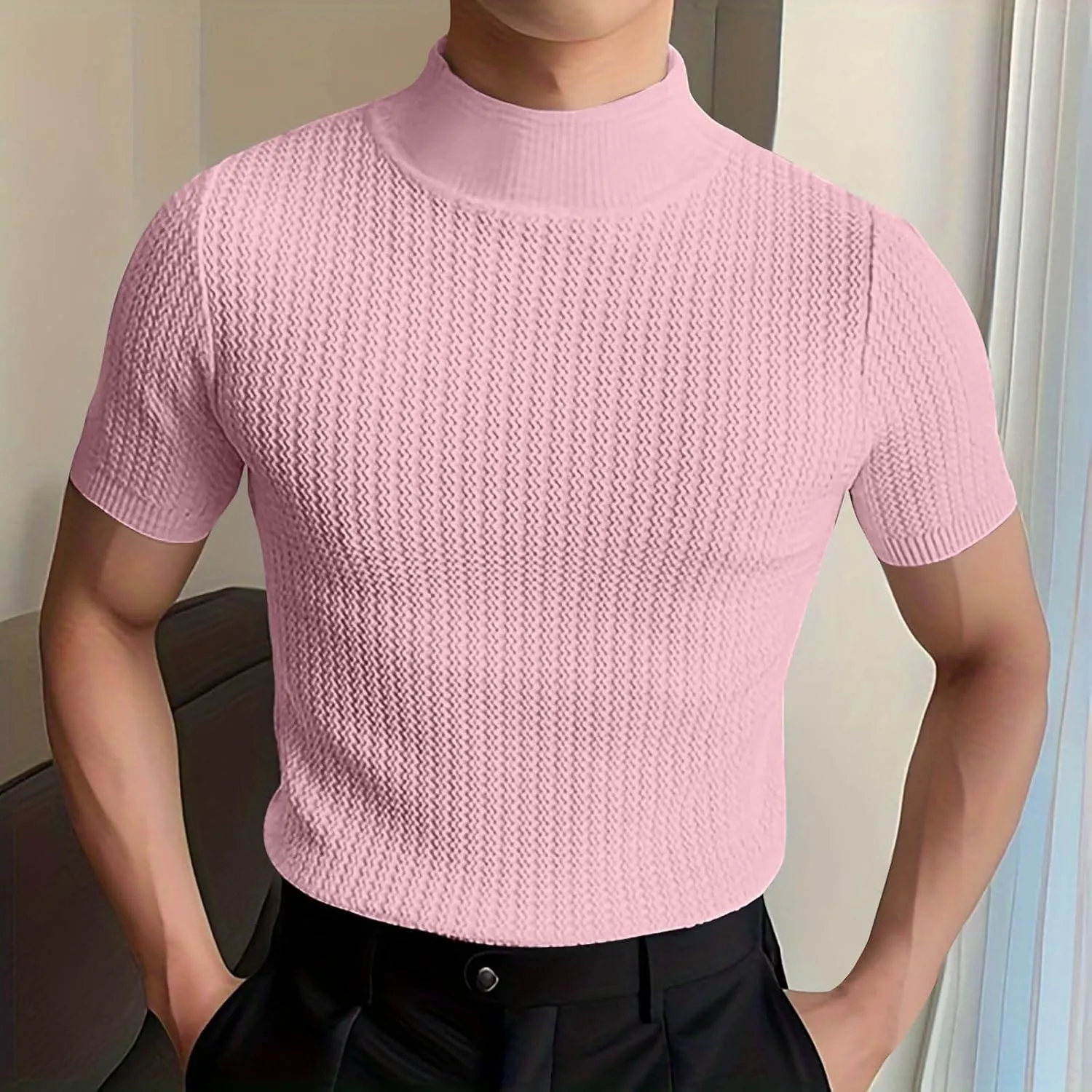 Uillui Short Sleeve Shirts Mens Mock Turtleneck Sweater Slim Fit Undershirt Casual Basic Tops Ribbed Knit Pullover Solid Tee