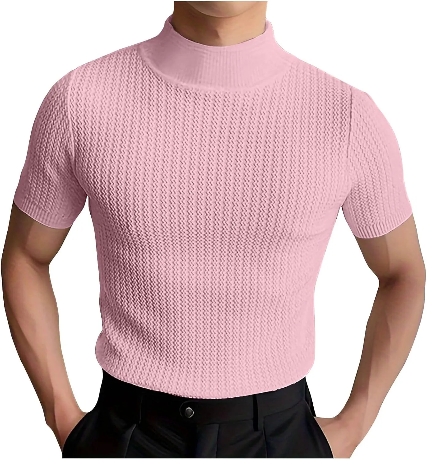 Uillui Short Sleeve Shirts Mens Mock Turtleneck Sweater Slim Fit Undershirt Casual Basic Tops Ribbed Knit Pullover Solid Tee