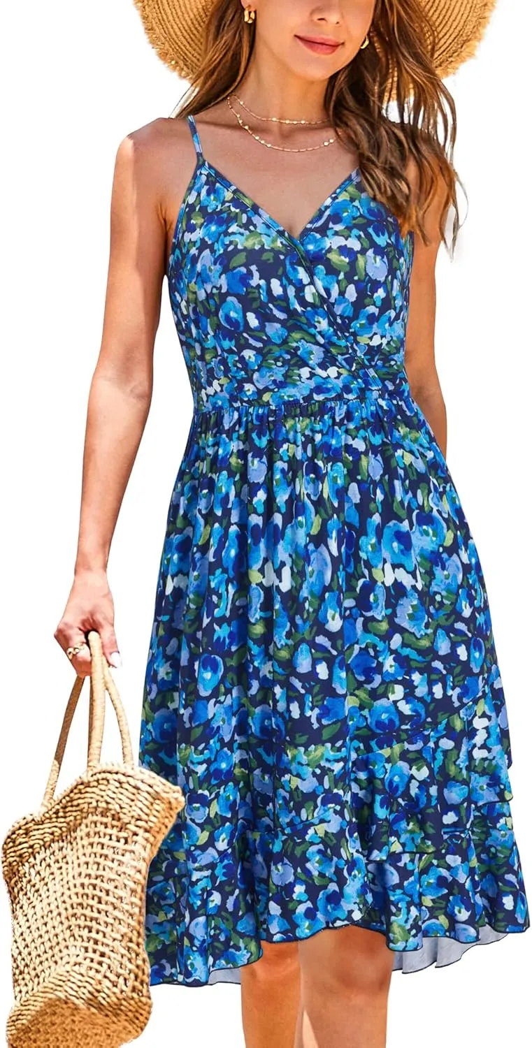 ULTRANICE Womens Summer Dresses 2023 Wrap V Neck Adjustable Spaghetti Ruffle Casual Dress