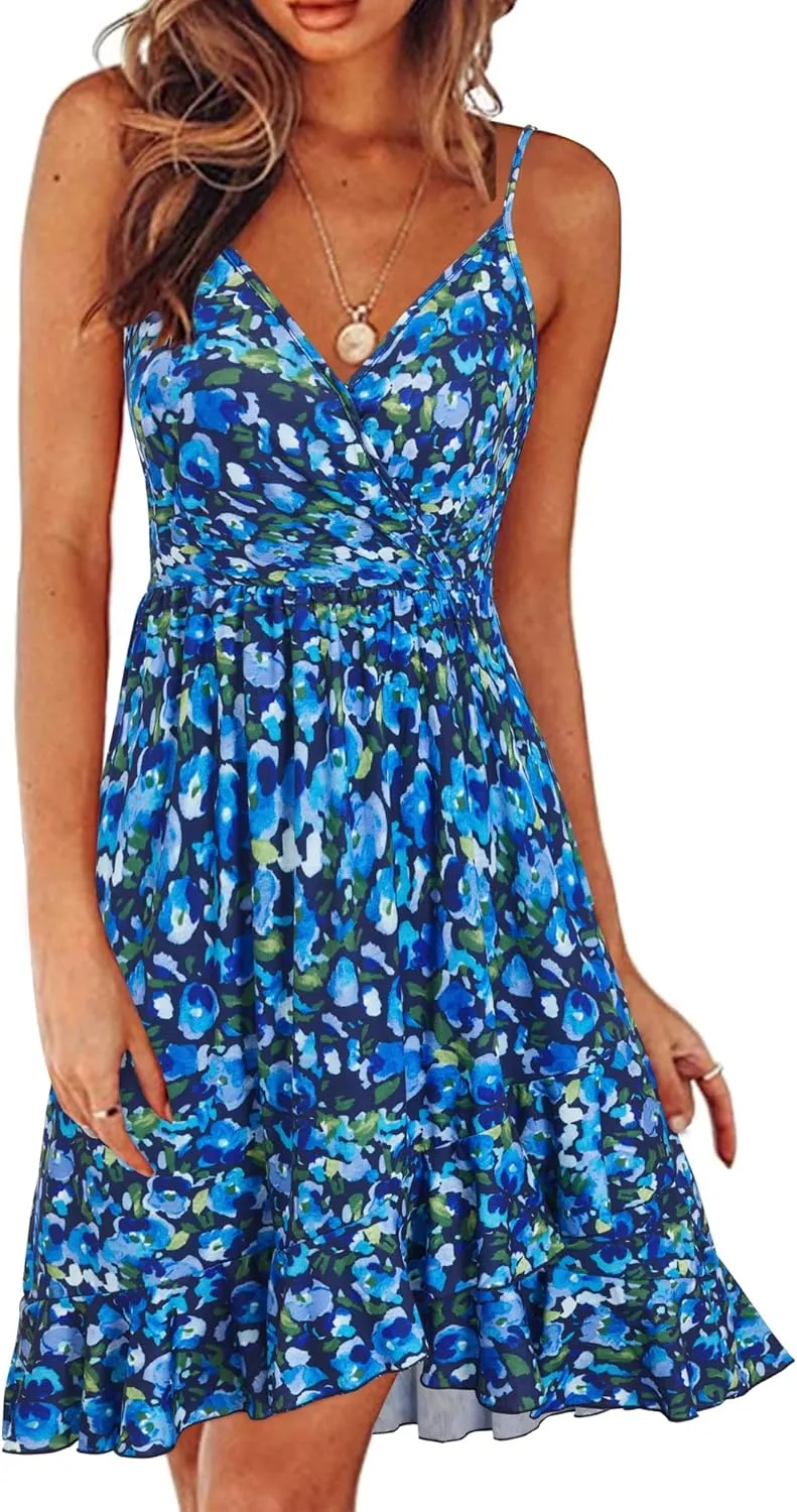 ULTRANICE Womens Summer Dresses 2023 Wrap V Neck Adjustable Spaghetti Ruffle Casual Dress