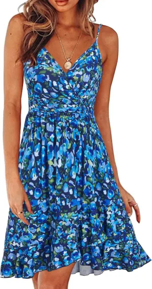 ULTRANICE Womens Summer Dresses 2023 Wrap V Neck Adjustable Spaghetti Ruffle Casual Dress