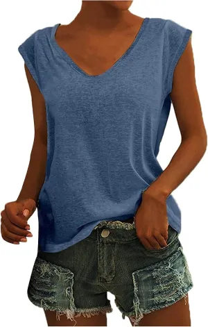 UQRZAU Women's 2024 T Shirts V-Neck T-Shirt Casual Cap Sleeve Vest Solid Loose Blouse Fit Tank Tops T Shirts