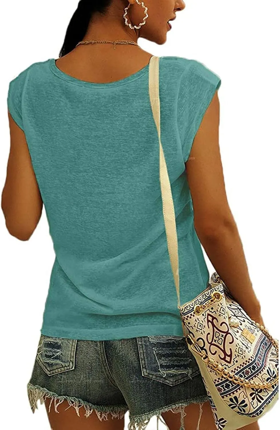 UQRZAU Women's 2024 T Shirts V-Neck T-Shirt Casual Cap Sleeve Vest Solid Loose Blouse Fit Tank Tops T Shirts