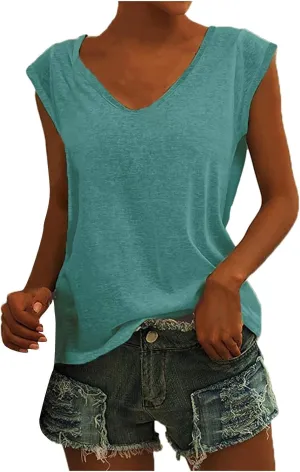 UQRZAU Women's 2024 T Shirts V-Neck T-Shirt Casual Cap Sleeve Vest Solid Loose Blouse Fit Tank Tops T Shirts