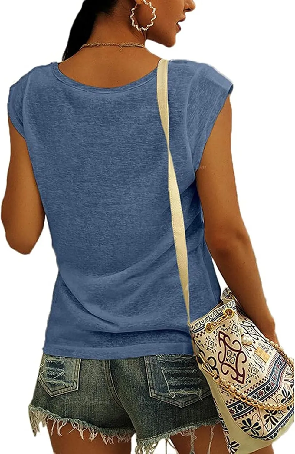 UQRZAU Women's 2024 T Shirts V-Neck T-Shirt Casual Cap Sleeve Vest Solid Loose Blouse Fit Tank Tops T Shirts