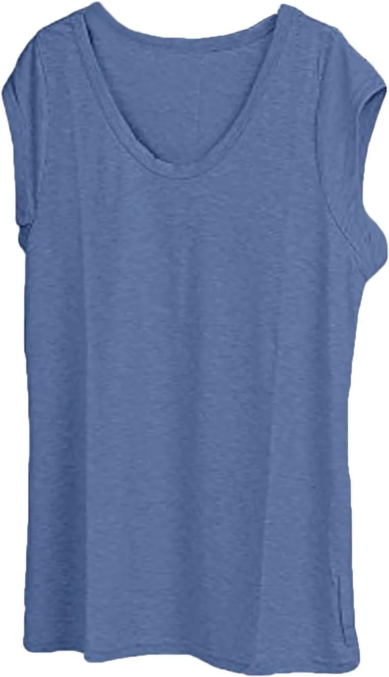 UQRZAU Women's 2024 T Shirts V-Neck T-Shirt Casual Cap Sleeve Vest Solid Loose Blouse Fit Tank Tops T Shirts