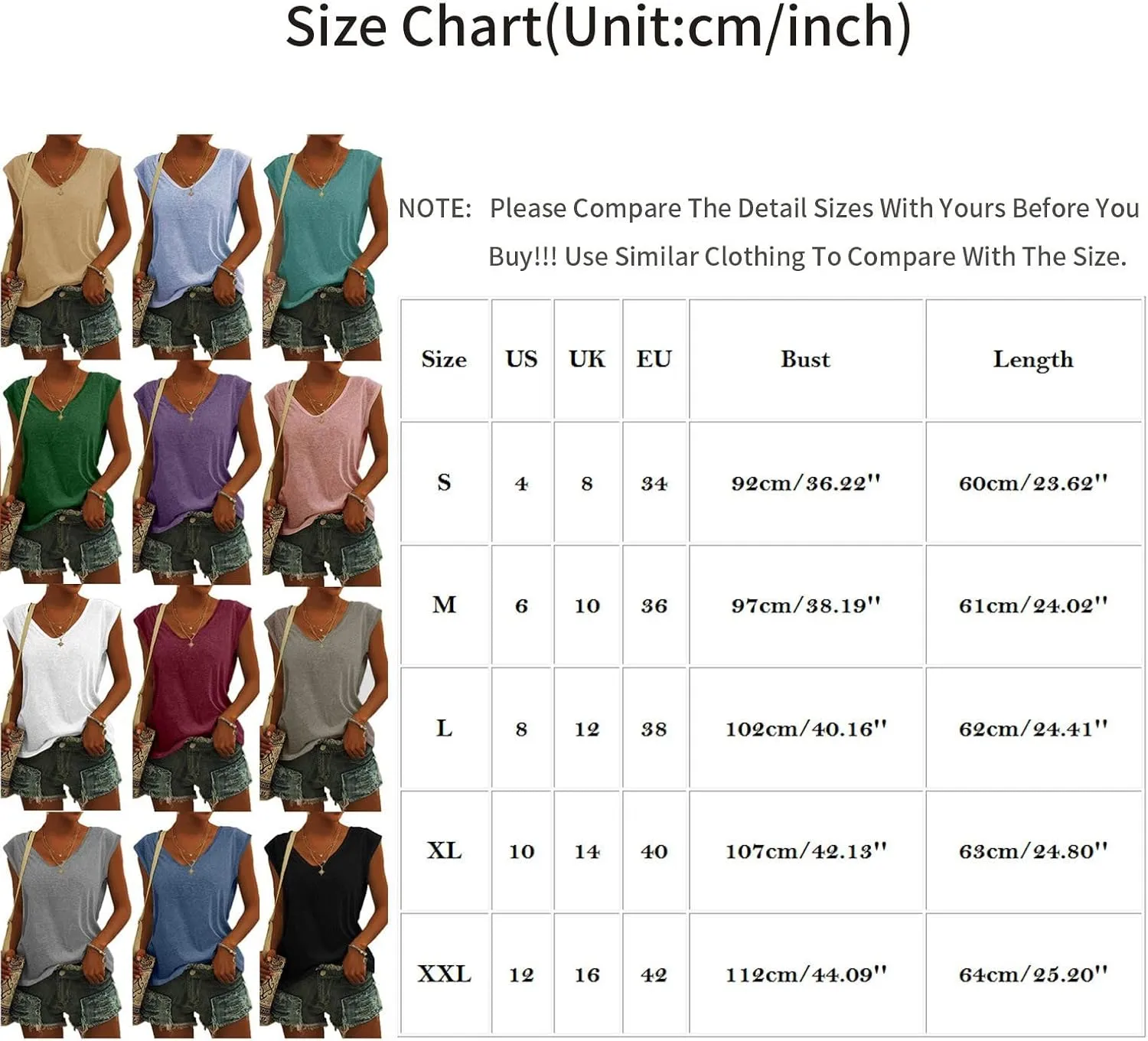 UQRZAU Women's 2024 T Shirts V-Neck T-Shirt Casual Cap Sleeve Vest Solid Loose Blouse Fit Tank Tops T Shirts