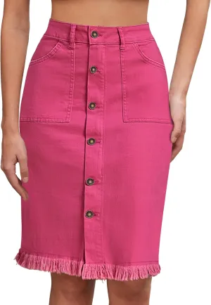 Vetinee Jean Skirts for Women Button Down Distressed Raw Hem Casual Summer Stretchy Knee Length Denim Skirt with Pockets