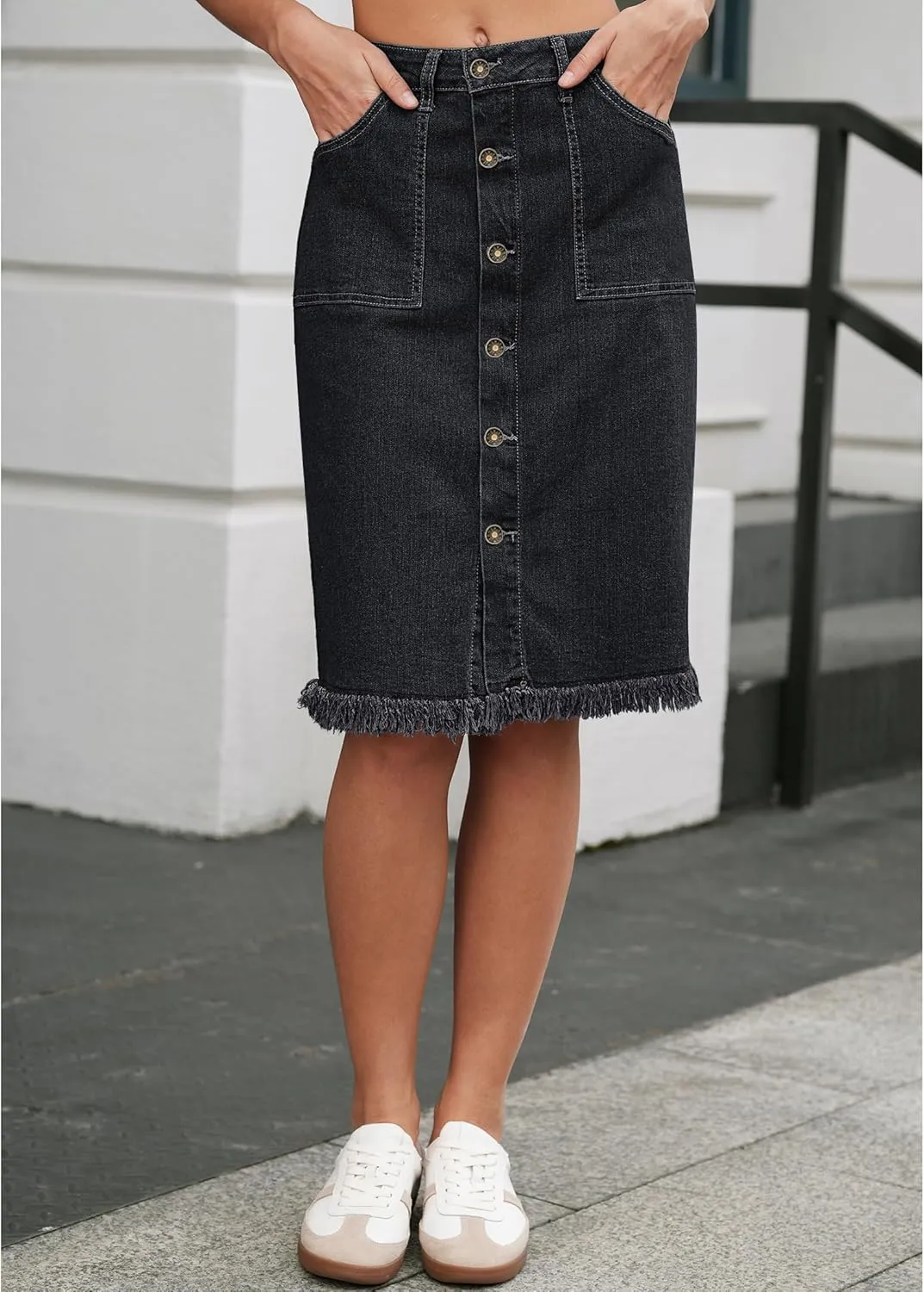 Vetinee Jean Skirts for Women Button Down Distressed Raw Hem Casual Summer Stretchy Knee Length Denim Skirt with Pockets