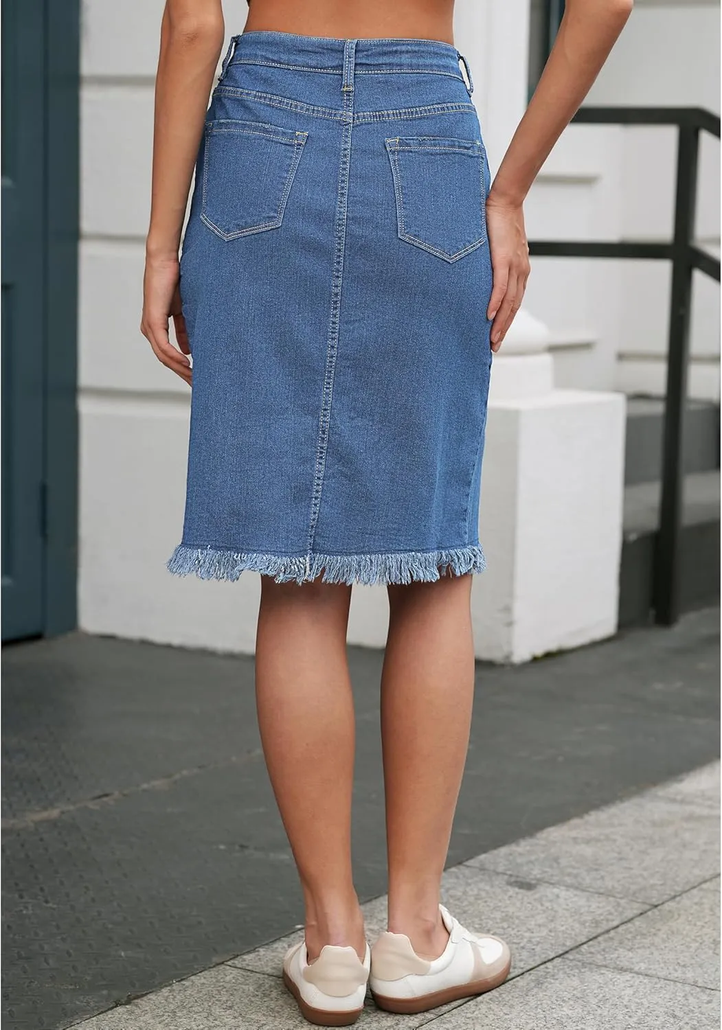Vetinee Jean Skirts for Women Button Down Distressed Raw Hem Casual Summer Stretchy Knee Length Denim Skirt with Pockets