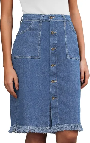 Vetinee Jean Skirts for Women Button Down Distressed Raw Hem Casual Summer Stretchy Knee Length Denim Skirt with Pockets