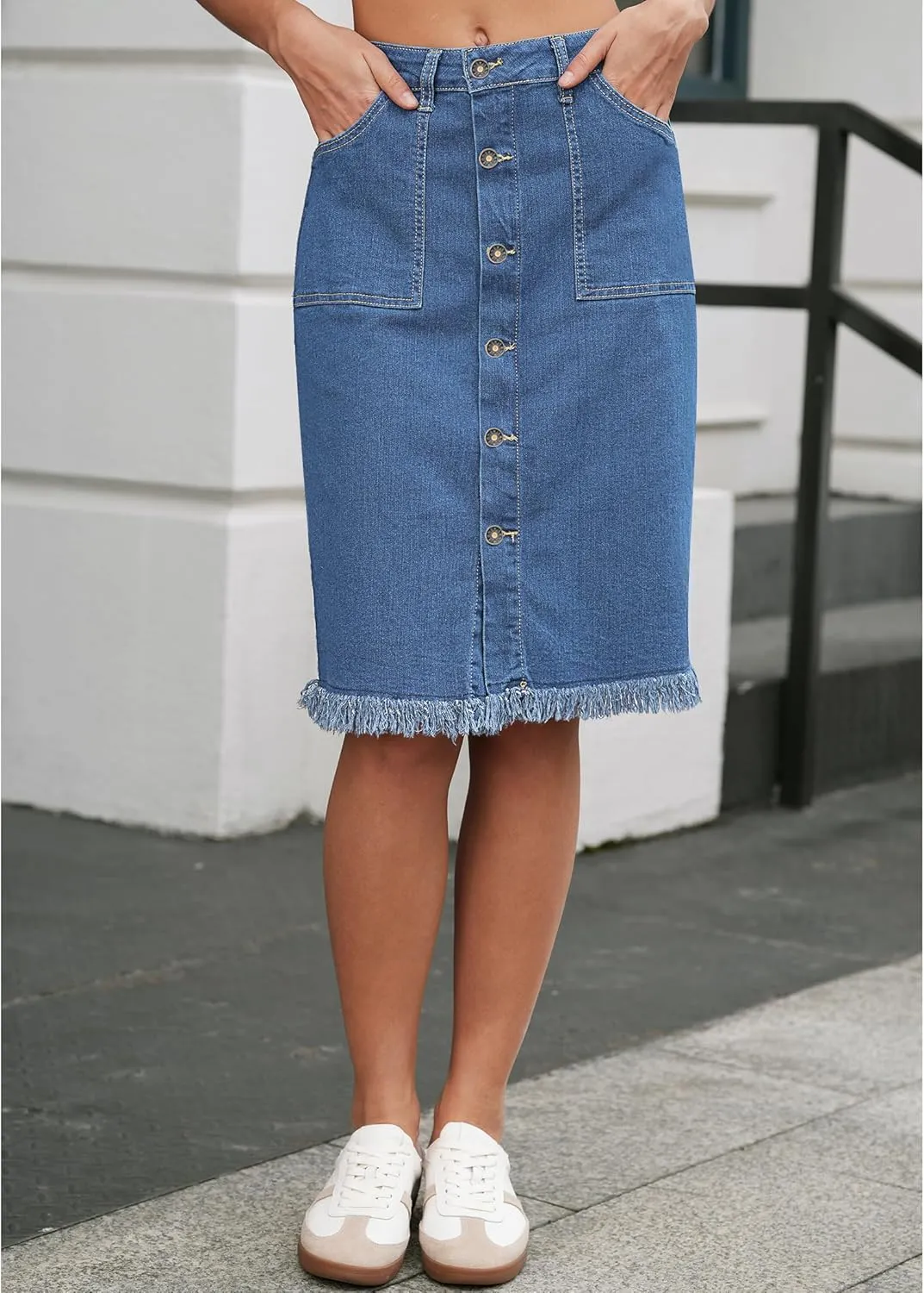 Vetinee Jean Skirts for Women Button Down Distressed Raw Hem Casual Summer Stretchy Knee Length Denim Skirt with Pockets