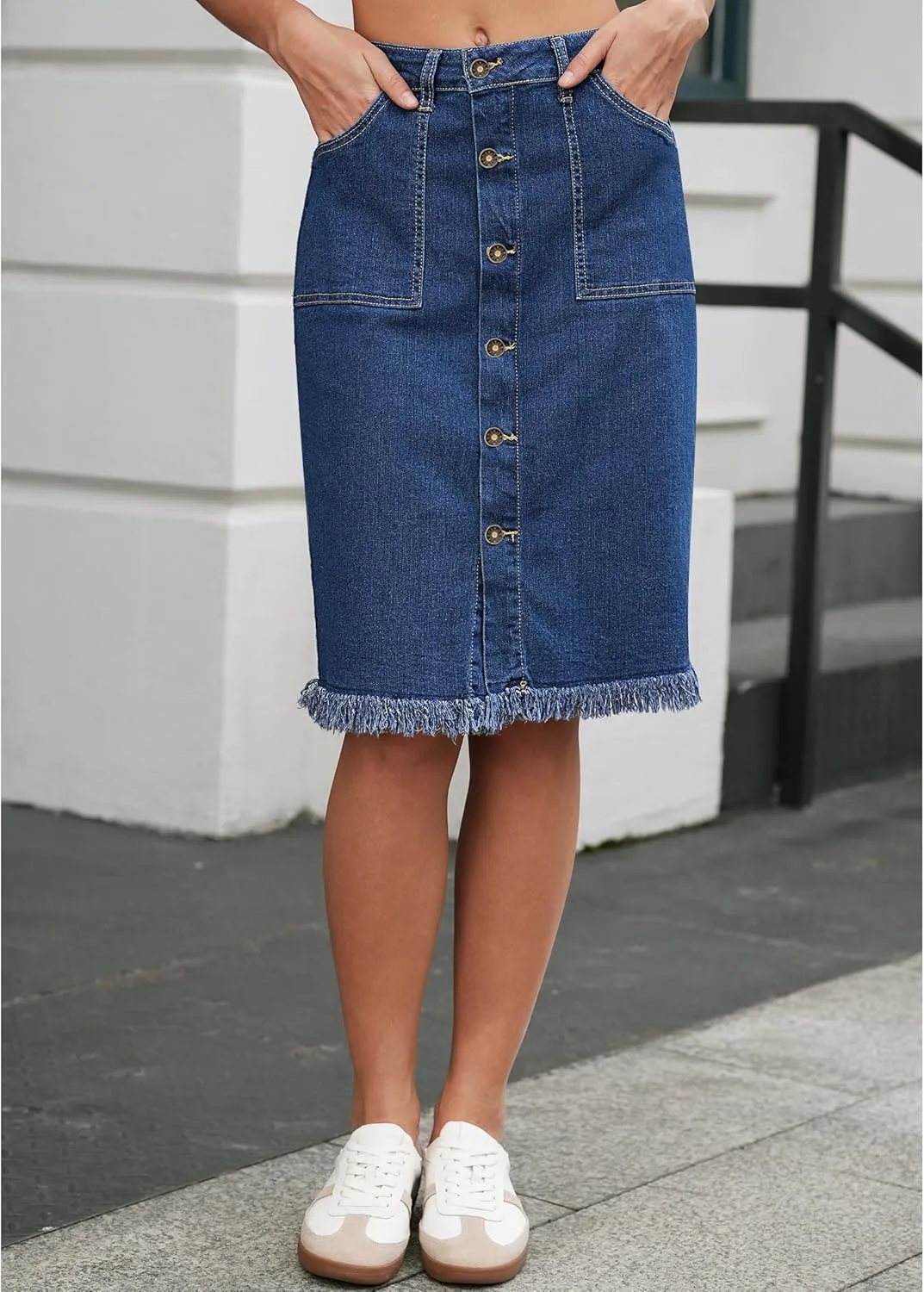 Vetinee Jean Skirts for Women Button Down Distressed Raw Hem Casual Summer Stretchy Knee Length Denim Skirt with Pockets