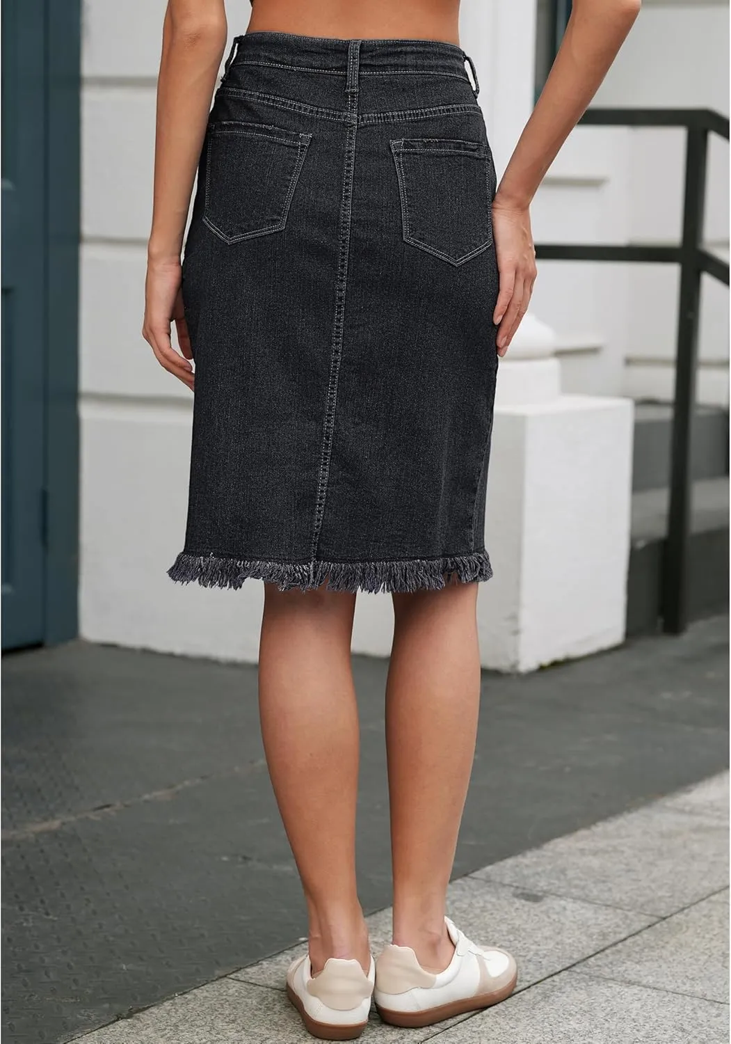 Vetinee Jean Skirts for Women Button Down Distressed Raw Hem Casual Summer Stretchy Knee Length Denim Skirt with Pockets