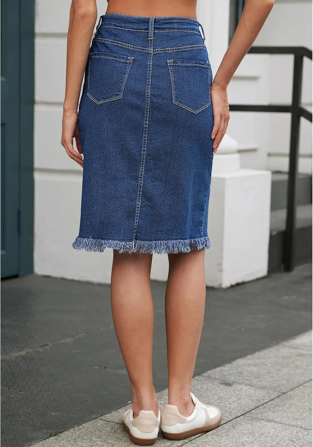 Vetinee Jean Skirts for Women Button Down Distressed Raw Hem Casual Summer Stretchy Knee Length Denim Skirt with Pockets