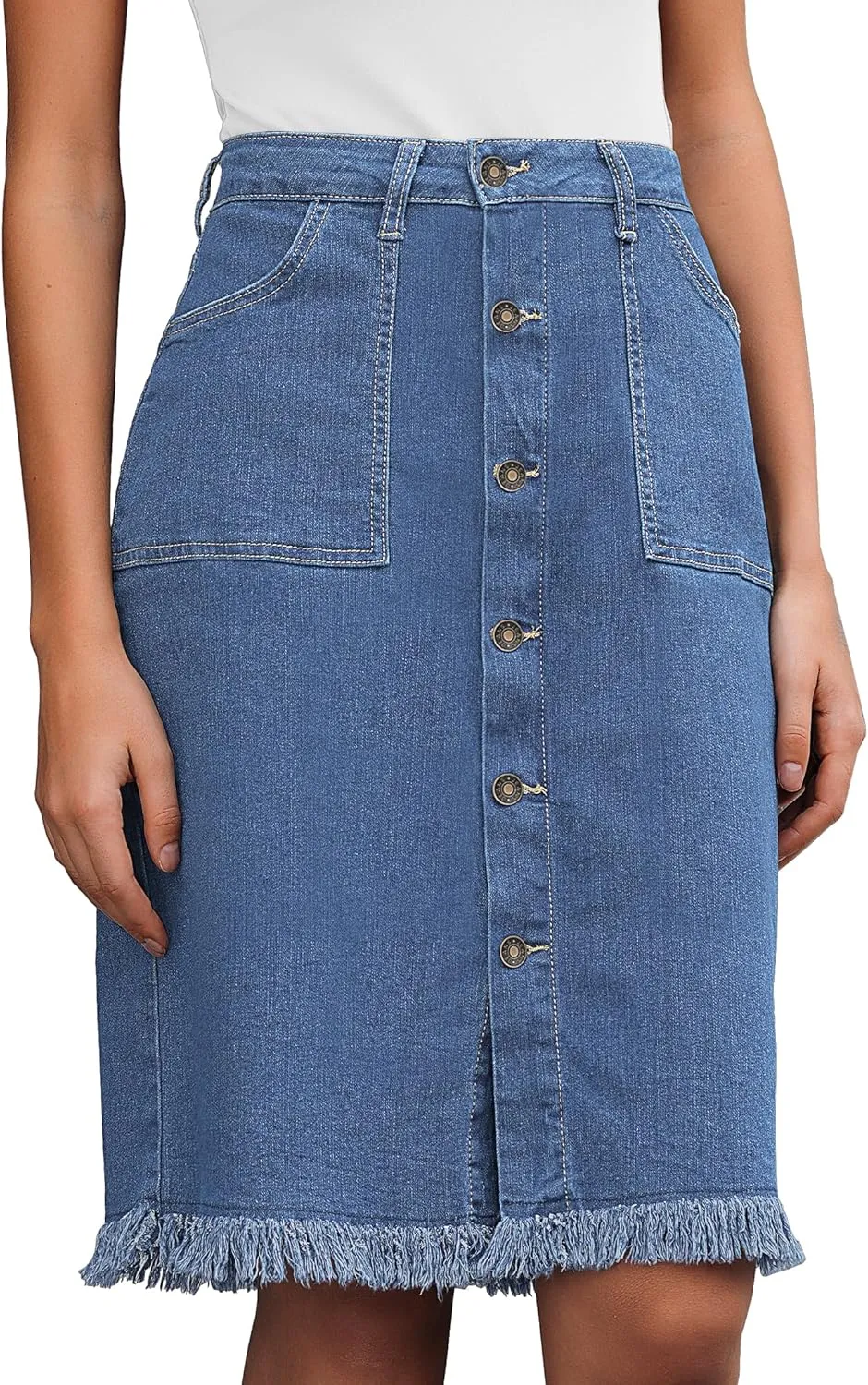 Vetinee Jean Skirts for Women Button Down Distressed Raw Hem Casual Summer Stretchy Knee Length Denim Skirt with Pockets