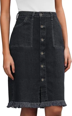 Vetinee Jean Skirts for Women Button Down Distressed Raw Hem Casual Summer Stretchy Knee Length Denim Skirt with Pockets
