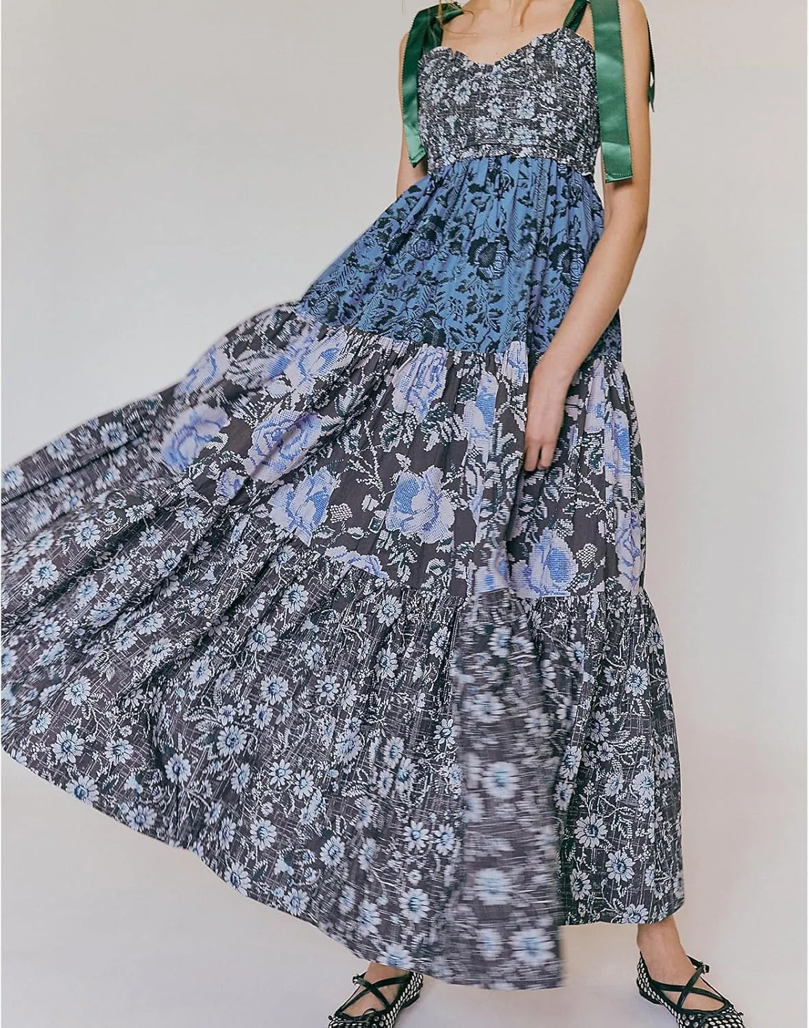 Women Boho Tie Shoulder Maxi Dress Y2k Floral Smocked Long Dress Sleeveless Flowy Summer Beach Sundress