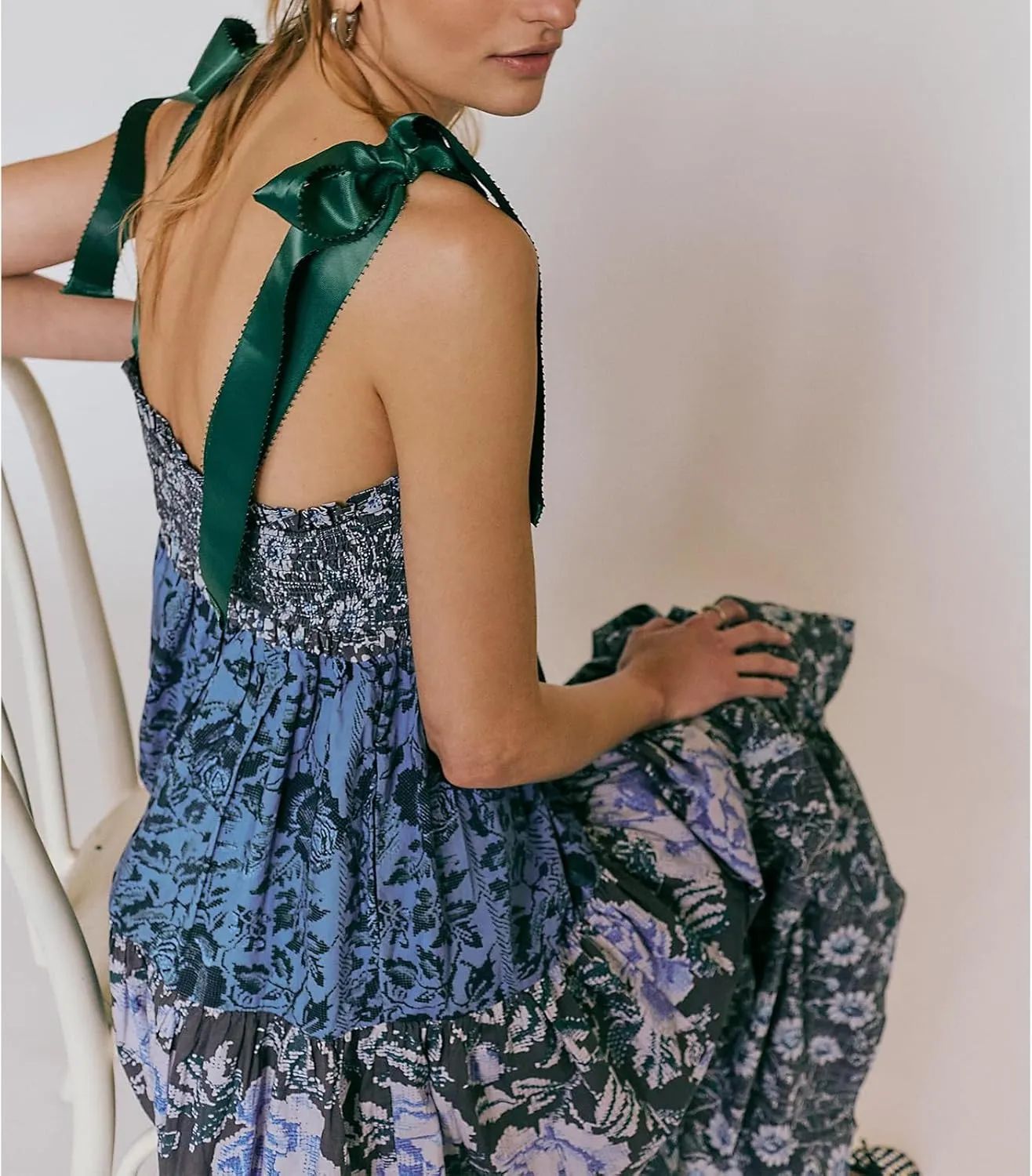 Women Boho Tie Shoulder Maxi Dress Y2k Floral Smocked Long Dress Sleeveless Flowy Summer Beach Sundress