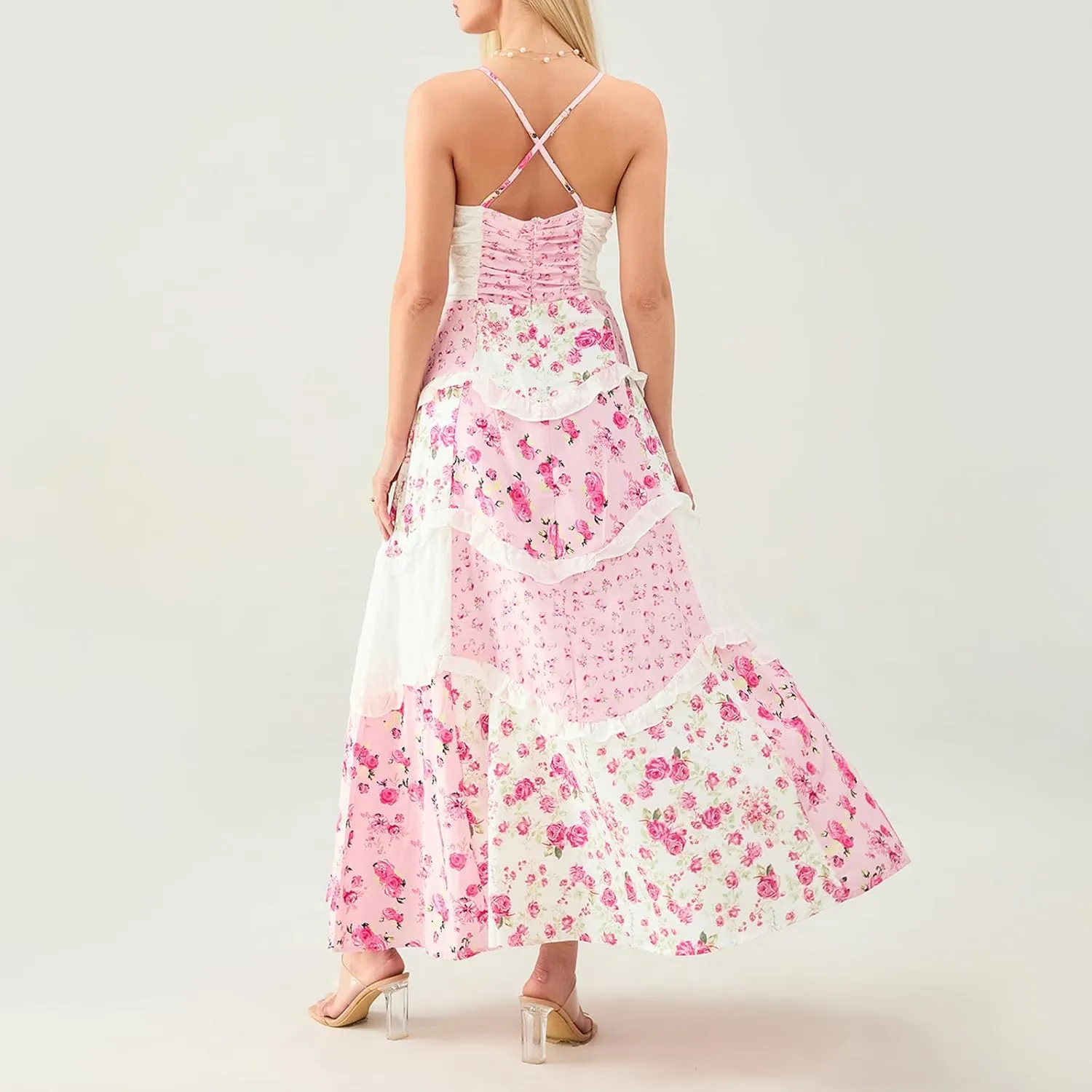 Women Boho Tie Shoulder Maxi Dress Y2k Floral Smocked Long Dress Sleeveless Flowy Summer Beach Sundress