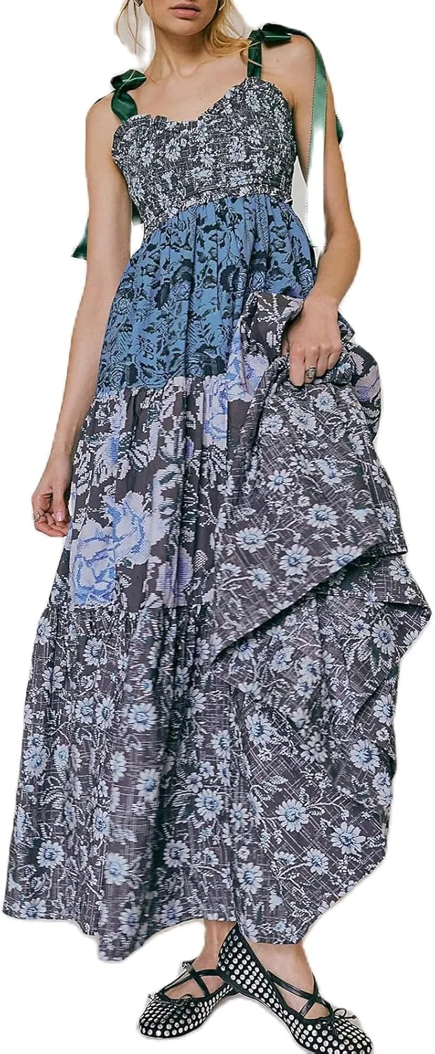 Women Boho Tie Shoulder Maxi Dress Y2k Floral Smocked Long Dress Sleeveless Flowy Summer Beach Sundress