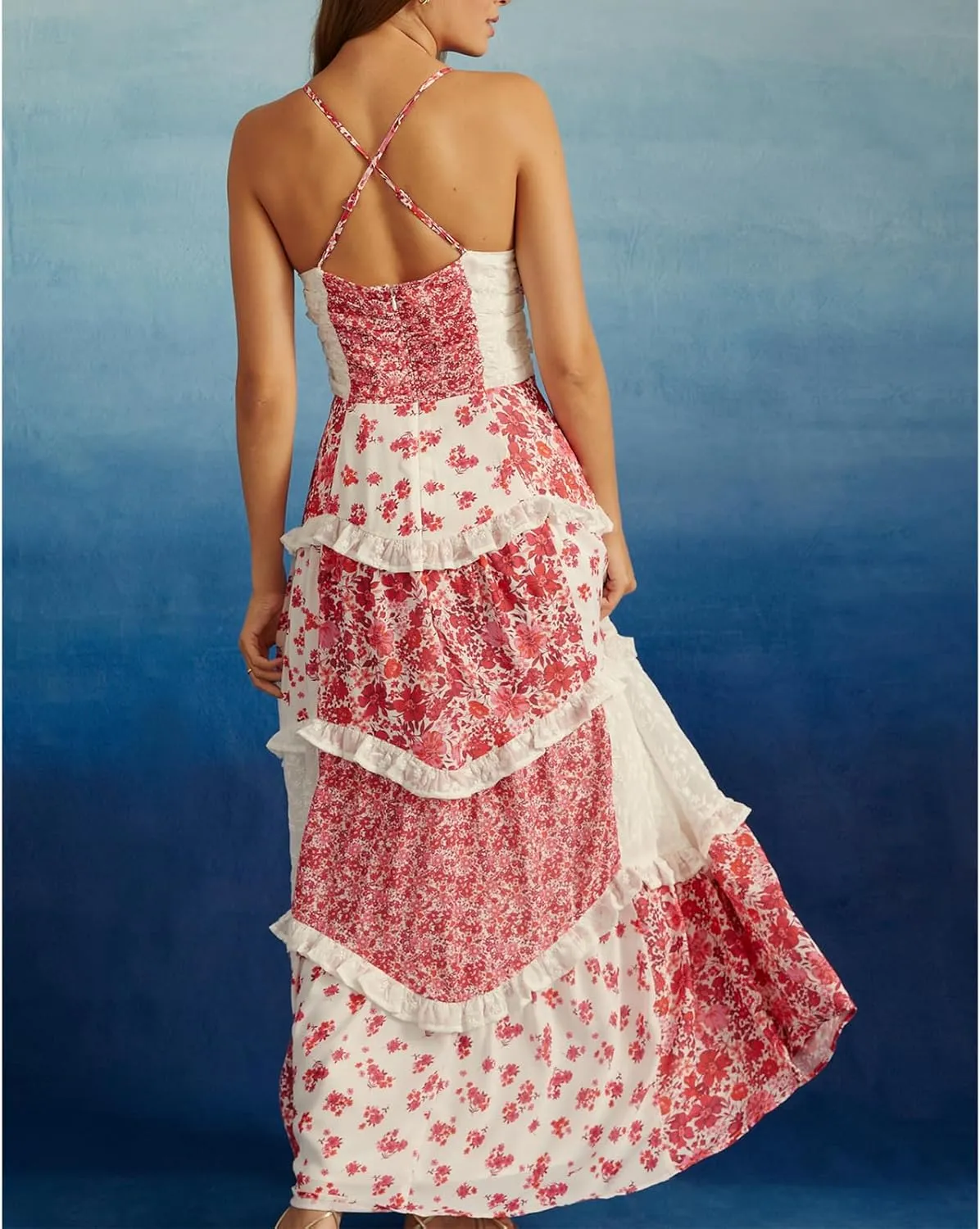 Women Boho Tie Shoulder Maxi Dress Y2k Floral Smocked Long Dress Sleeveless Flowy Summer Beach Sundress