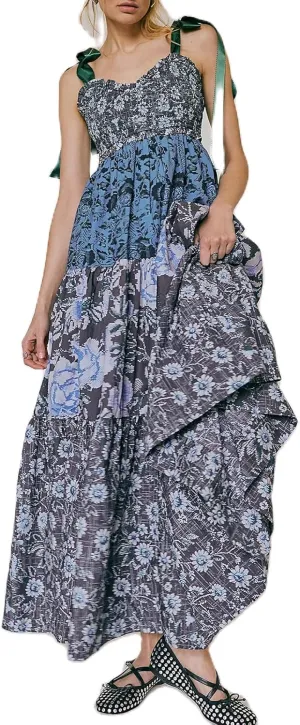 Women Boho Tie Shoulder Maxi Dress Y2k Floral Smocked Long Dress Sleeveless Flowy Summer Beach Sundress
