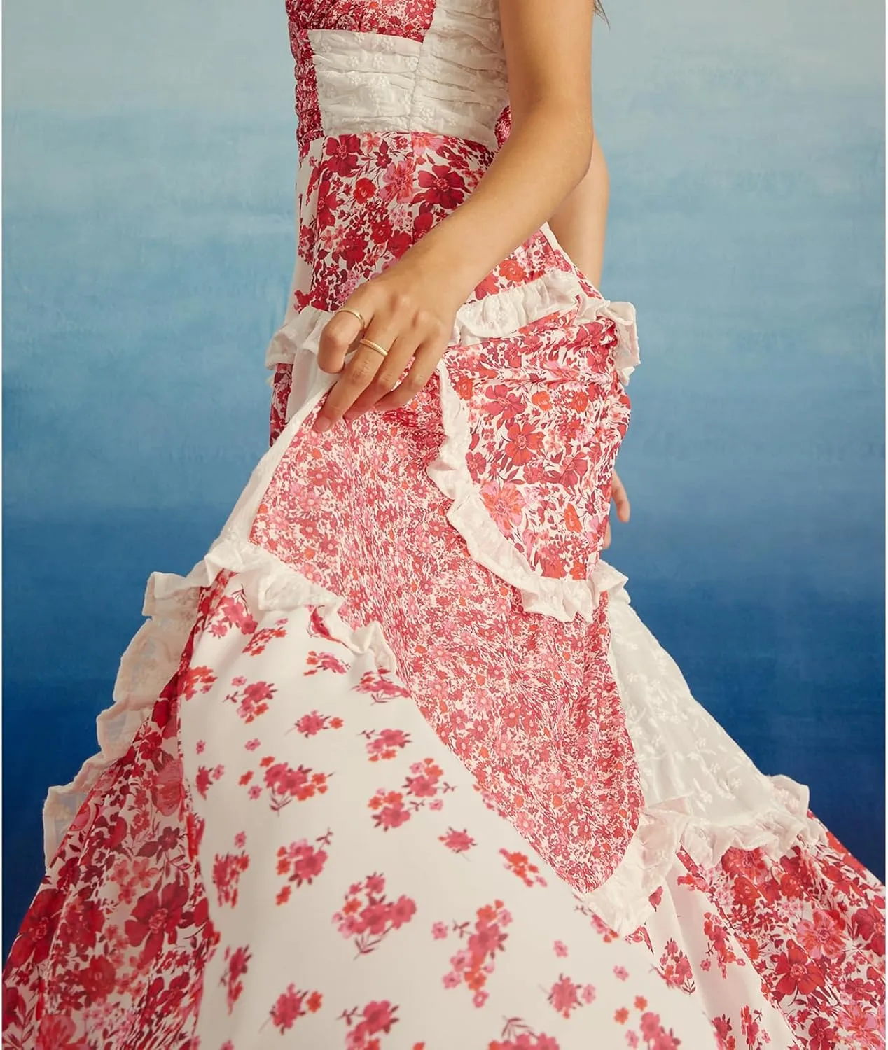 Women Boho Tie Shoulder Maxi Dress Y2k Floral Smocked Long Dress Sleeveless Flowy Summer Beach Sundress
