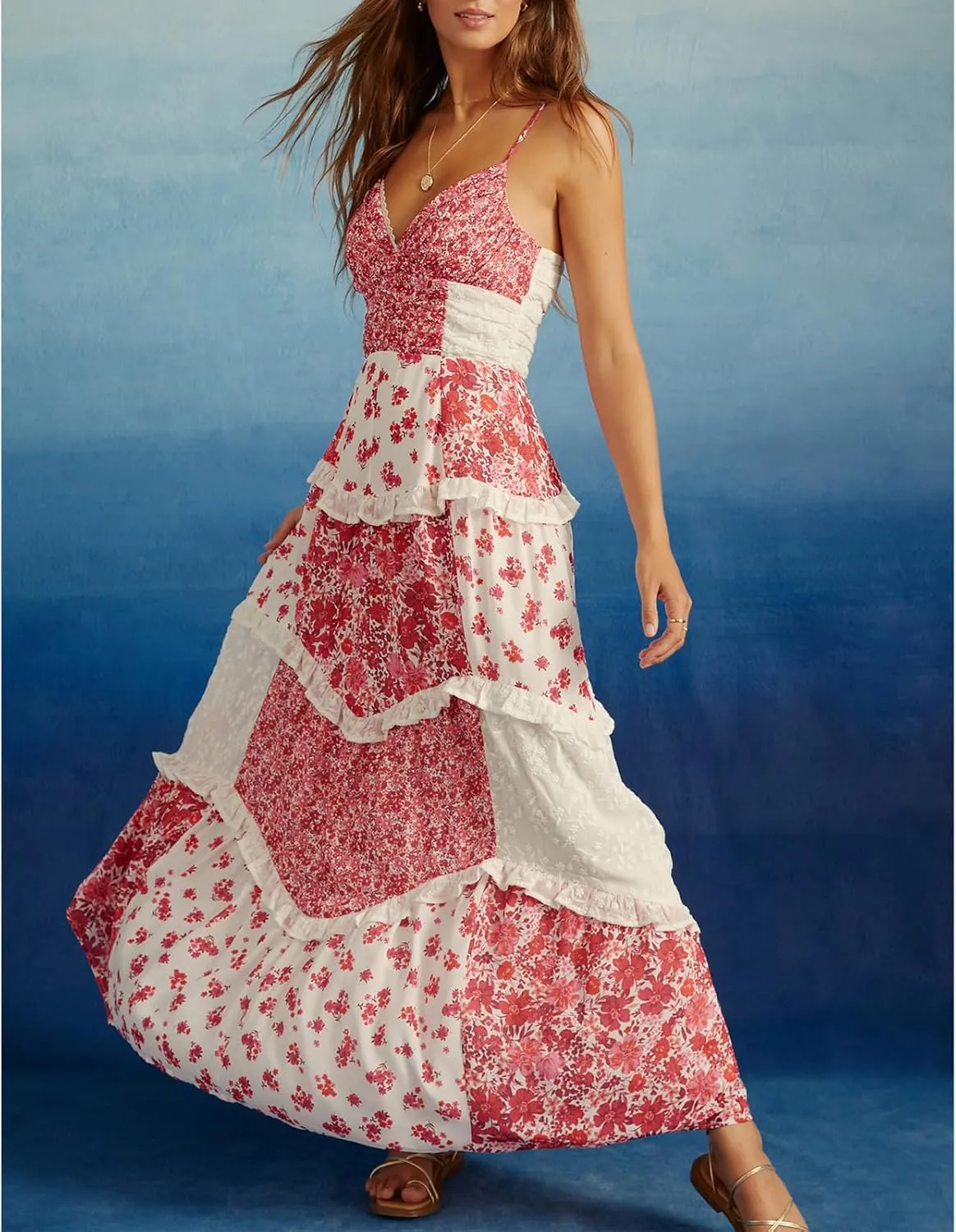 Women Boho Tie Shoulder Maxi Dress Y2k Floral Smocked Long Dress Sleeveless Flowy Summer Beach Sundress