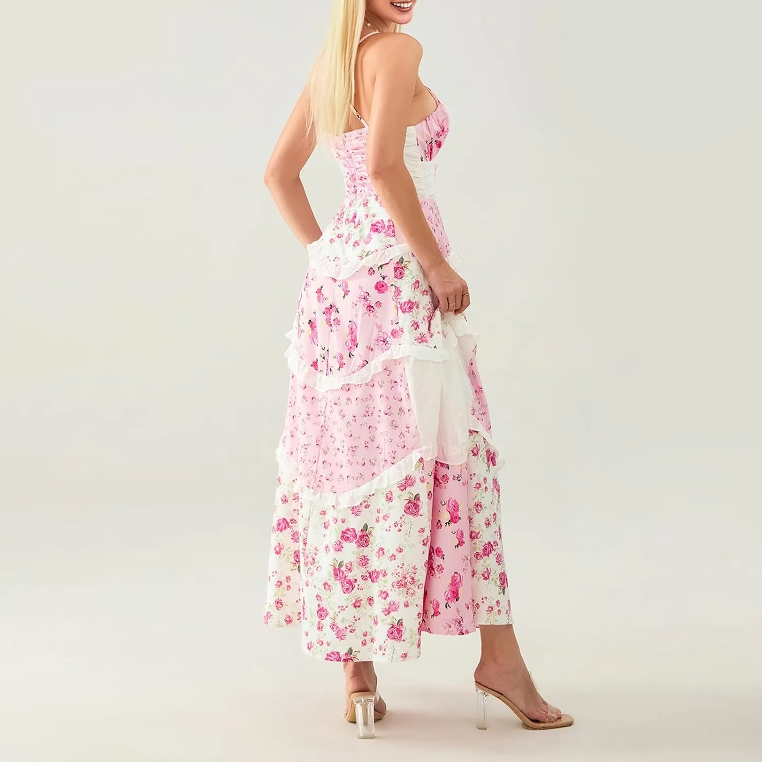 Women Boho Tie Shoulder Maxi Dress Y2k Floral Smocked Long Dress Sleeveless Flowy Summer Beach Sundress