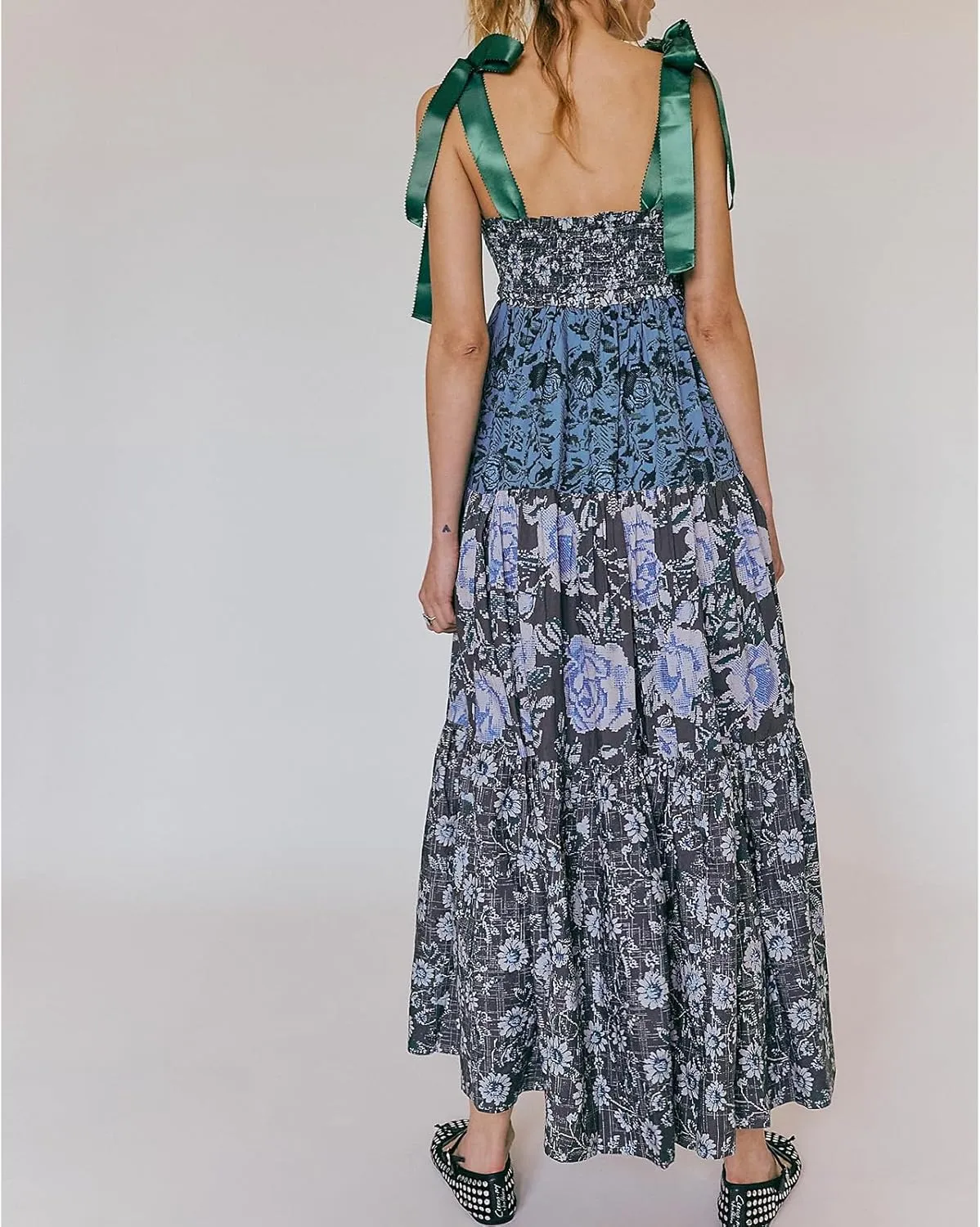 Women Boho Tie Shoulder Maxi Dress Y2k Floral Smocked Long Dress Sleeveless Flowy Summer Beach Sundress