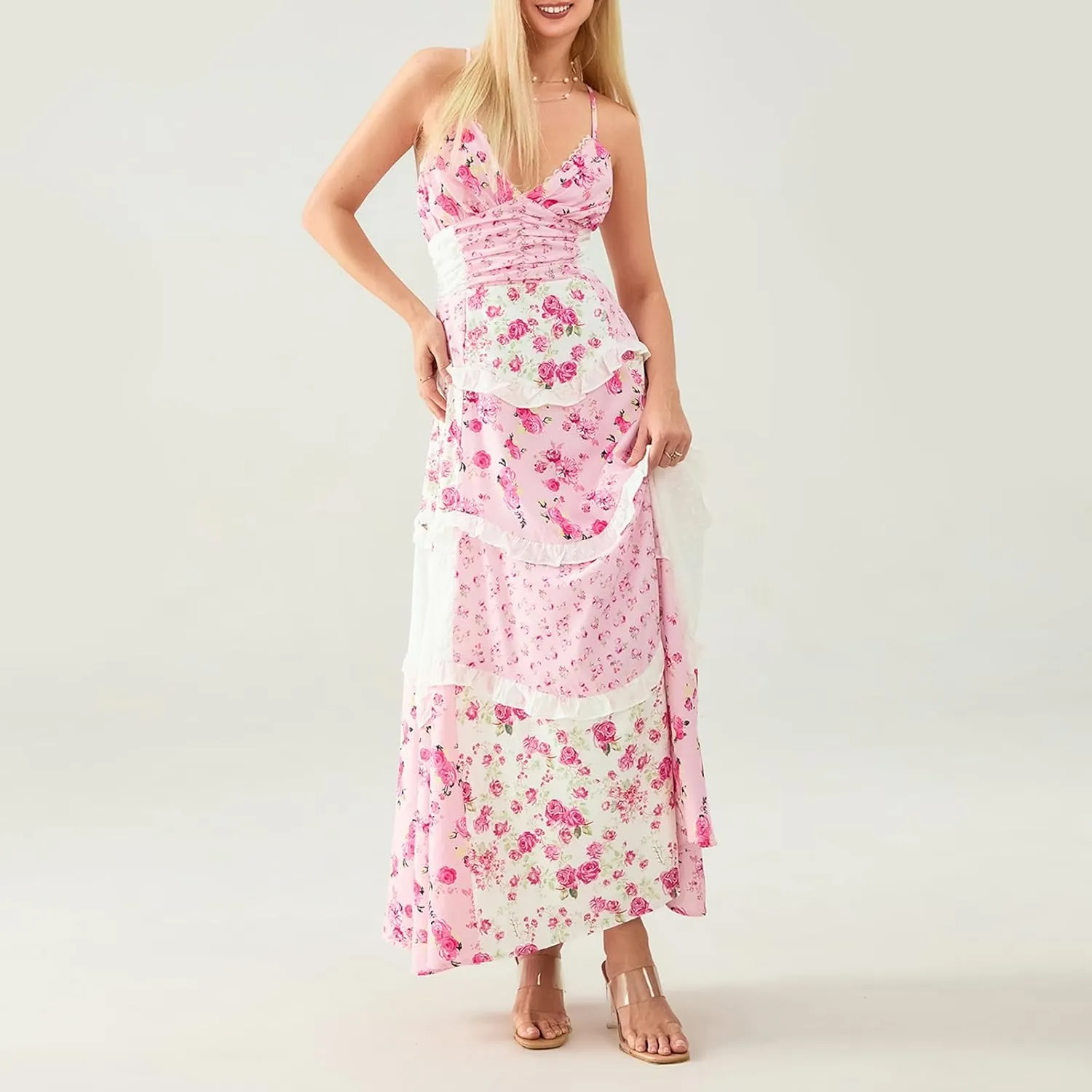 Women Boho Tie Shoulder Maxi Dress Y2k Floral Smocked Long Dress Sleeveless Flowy Summer Beach Sundress