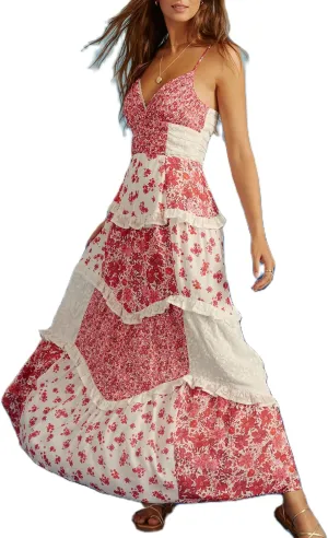 Women Boho Tie Shoulder Maxi Dress Y2k Floral Smocked Long Dress Sleeveless Flowy Summer Beach Sundress