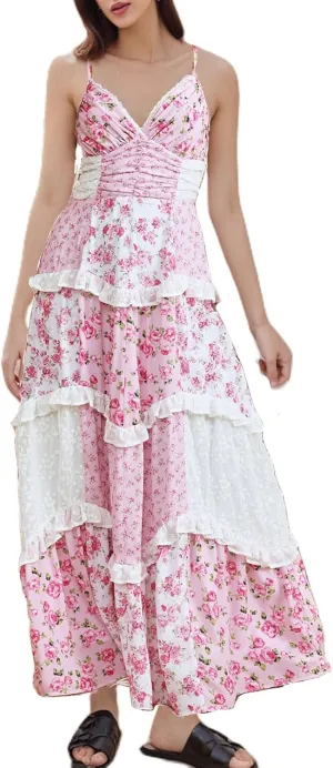 Women Boho Tie Shoulder Maxi Dress Y2k Floral Smocked Long Dress Sleeveless Flowy Summer Beach Sundress