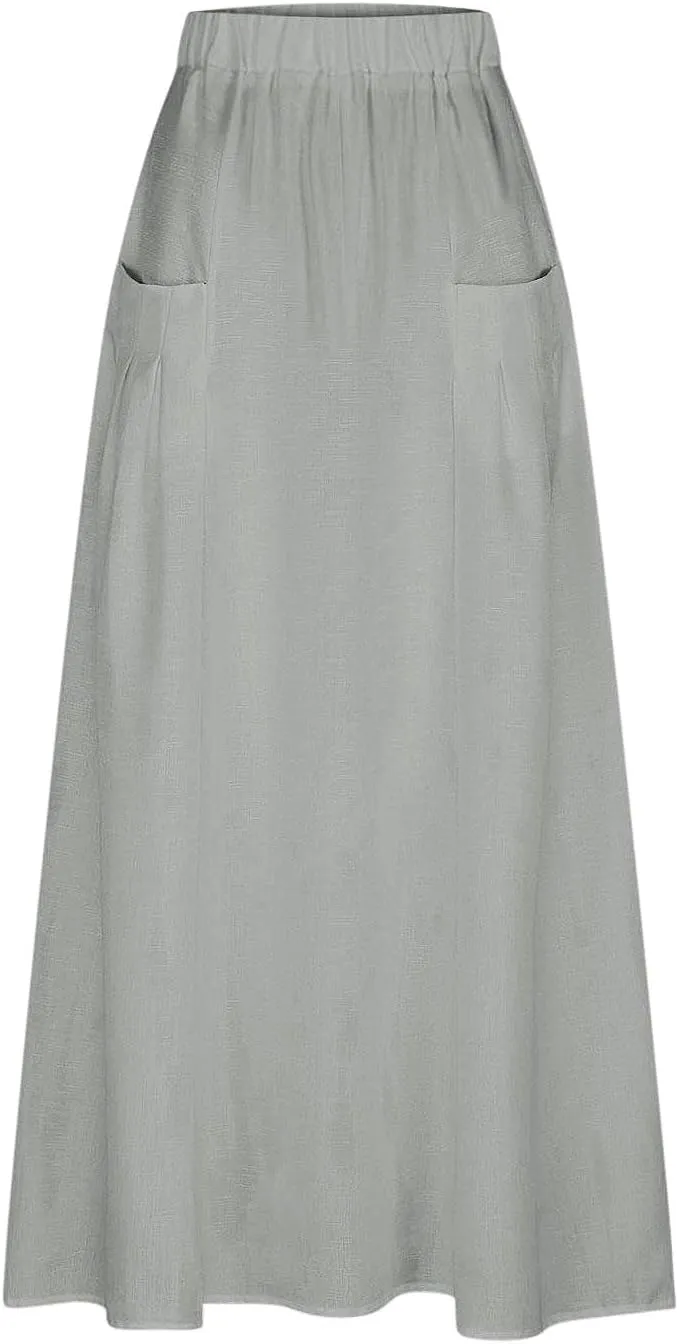 Women Casual Skirts Elastic Waist Summer Skirts Plus Size Maxi Skirts with Pockets A Line Vacation Skirts Loose Skirt