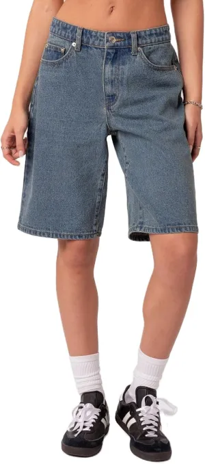 Women Denim Shorts Knee-Length High Waisted Straight Wide Leg Jean Shorts Vintage Denim Casual Shorts Summer