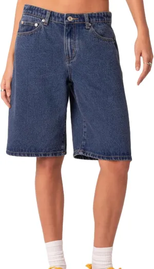 Women Denim Shorts Knee-Length High Waisted Straight Wide Leg Jean Shorts Vintage Denim Casual Shorts Summer