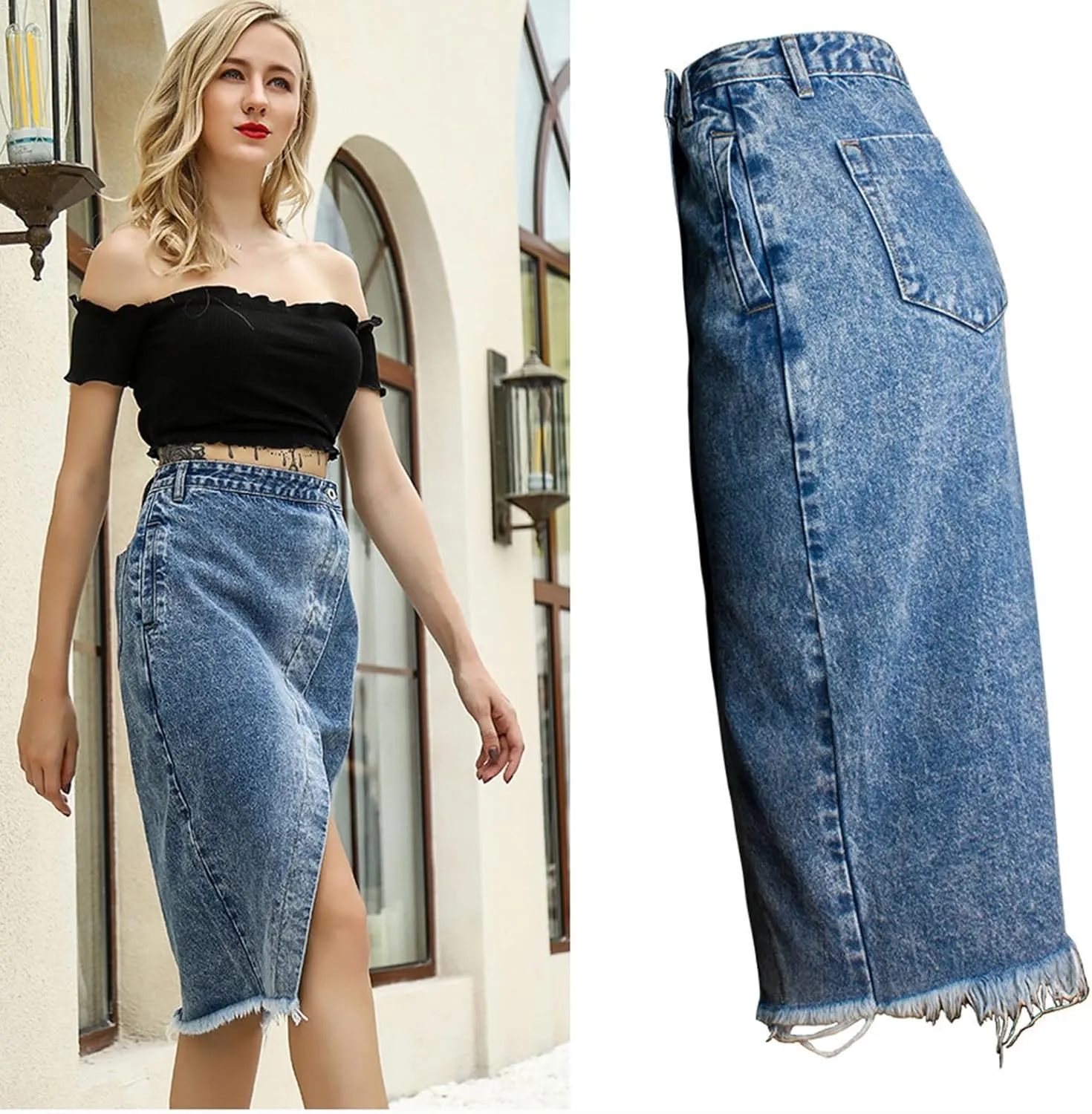 Women Distressed Denim Midi Skirt Wrap Split Front Raw Hem Pencil Skirts Summer Streetwear Sexy Bodycon Jean Skirt