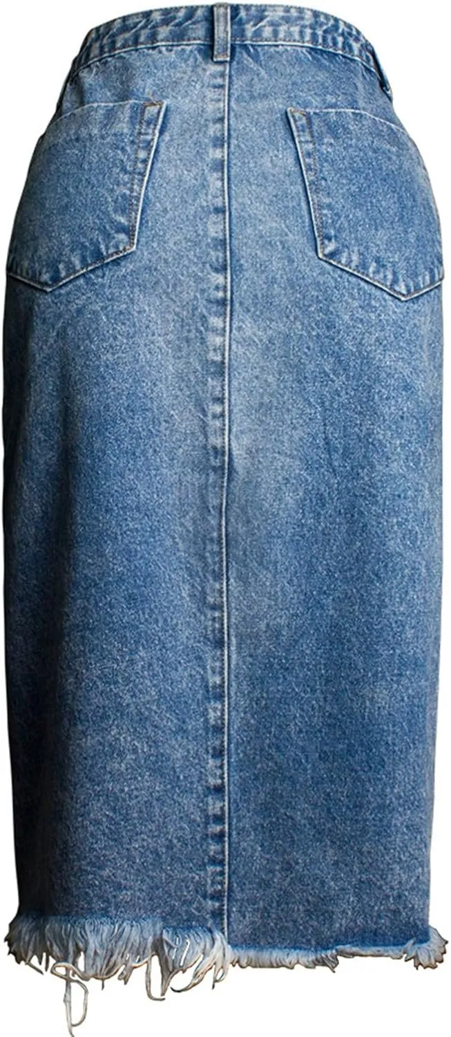 Women Distressed Denim Midi Skirt Wrap Split Front Raw Hem Pencil Skirts Summer Streetwear Sexy Bodycon Jean Skirt