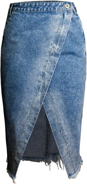 Women Distressed Denim Midi Skirt Wrap Split Front Raw Hem Pencil Skirts Summer Streetwear Sexy Bodycon Jean Skirt